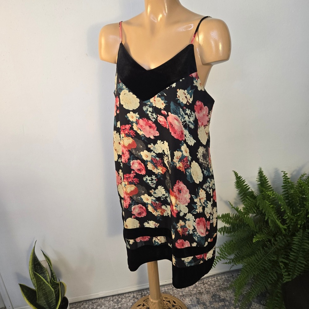 Molly Green Womens Floral Cami Slip Dress Medium Black Velvet Trim V-Neck Retro